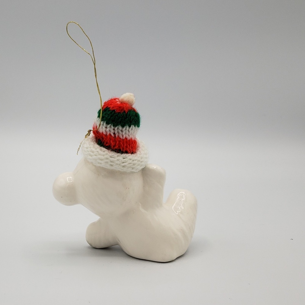 White Teddy Bear Polar Tumbling With Hat Bowtie Ceramic Christmas Ornament Cute - Picture 2 of 3